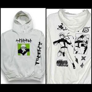 Naruto Shippuden Anime Manga Double Sided Graphic Hoodie White Sweatshirt L